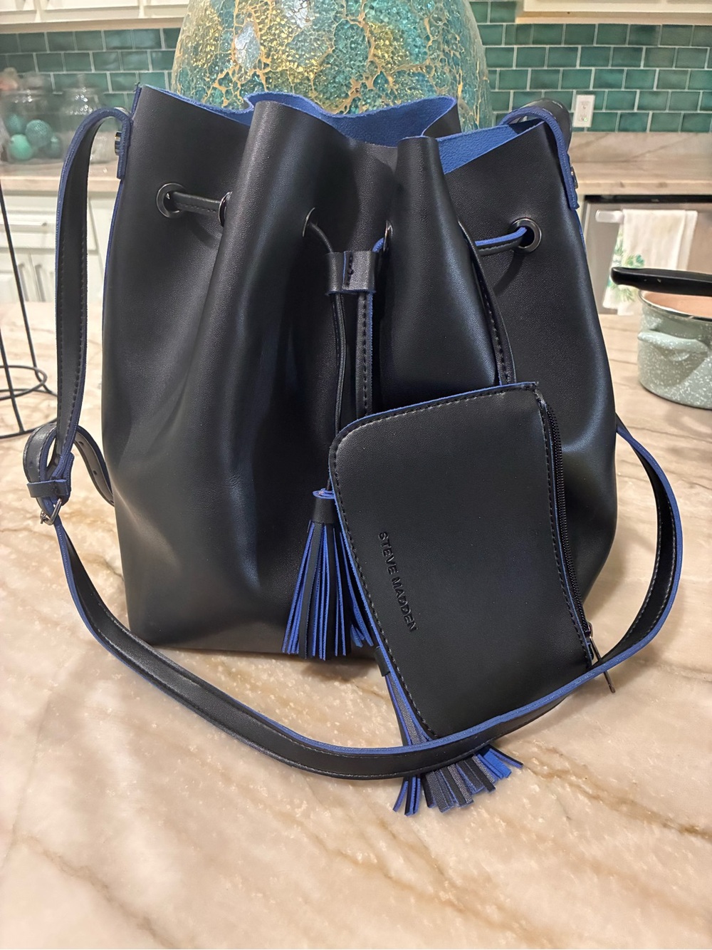 Steve Madden Black and Royal Blue Drawstring Bucket Crossbody